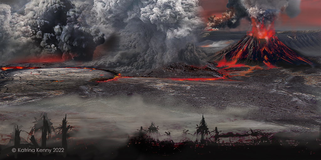 Reconstituição ambiental das erupções das Trapps da Sibéria (~252 Ma): vulcões em erupção, derrames de lava e destruição da vegetação. Ilustração: Katrina Kenny, 2022