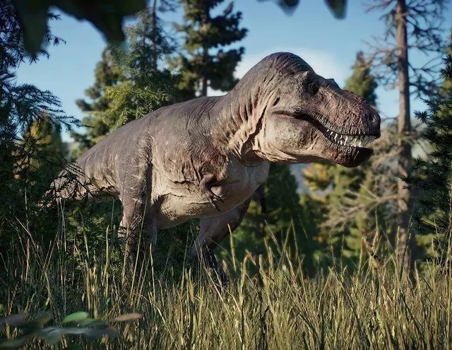 Reconstituição realista de T-rex em ambiente de pradaria/floresta aberta do Cretáceo Superior, mostrando textura detalhada de pele escamosa.